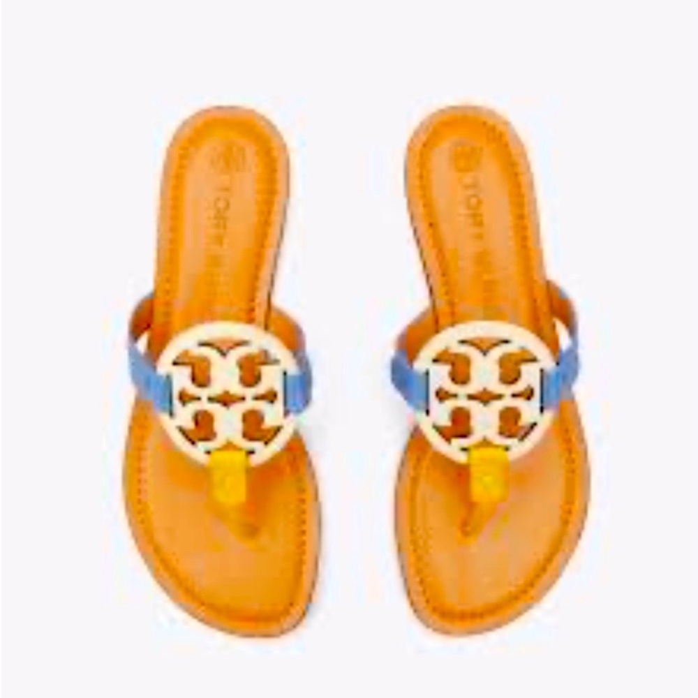 Tory Burch rare beige, blue, and tan leather Miller sandal